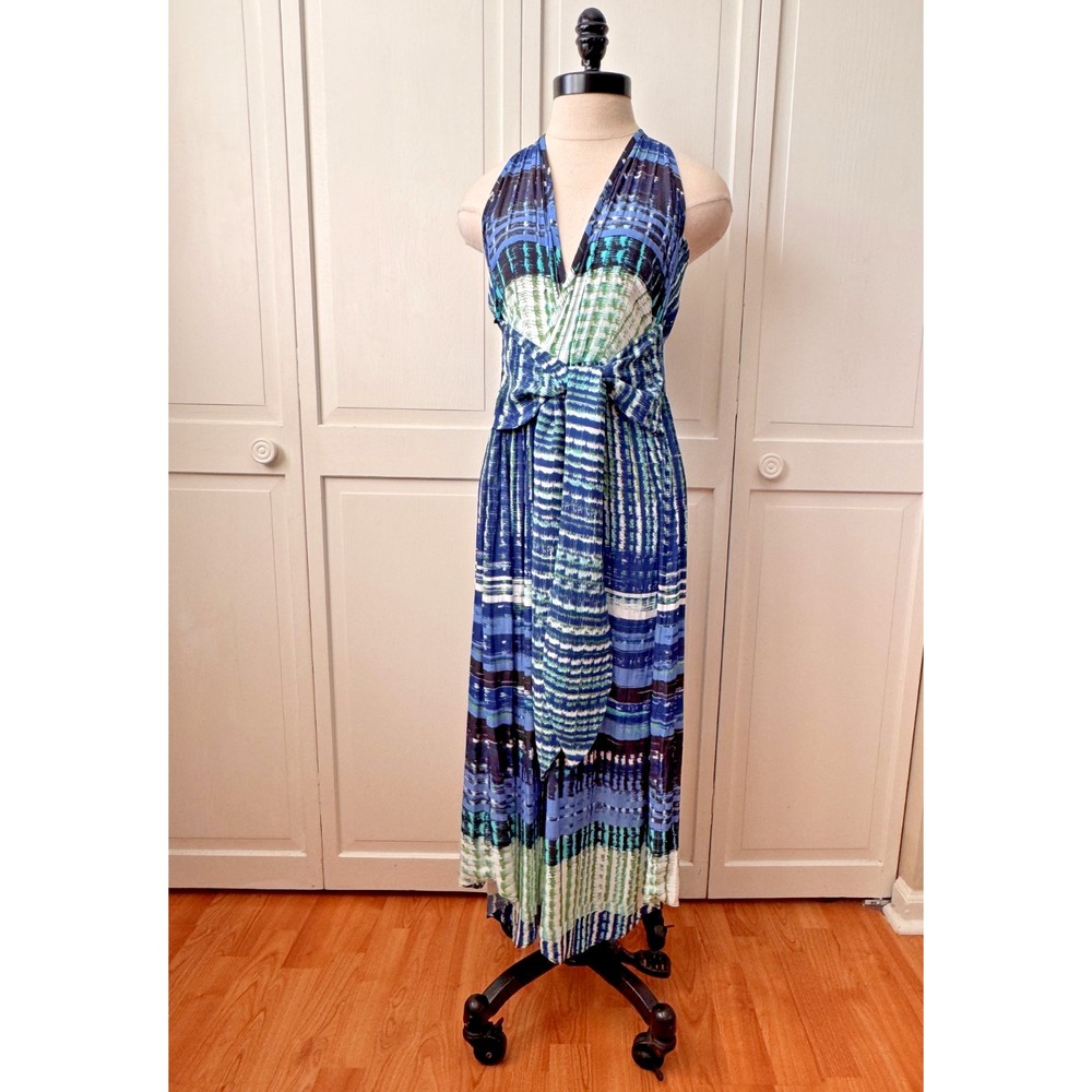 Ramy Brook Blue Green Watercolor Halter Midi Wrap Tie‎ Waist Dress Medium - Picture 4 of 12